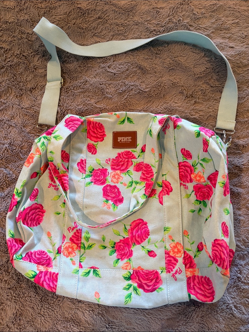 PINK Victoria's Secret Beige Canvas Tote with Pink Floral Print